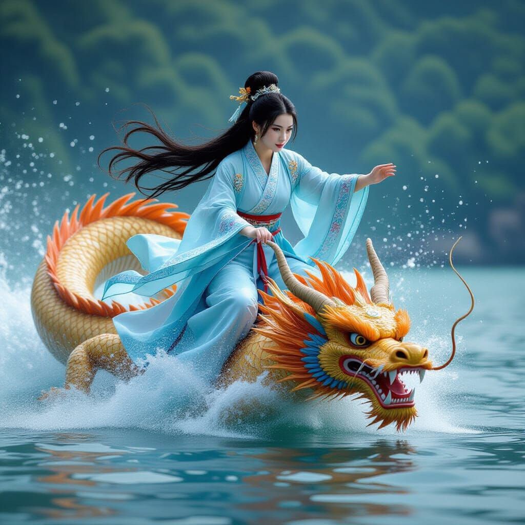 Water Spirit and Dragon Plunge in Digital Painting