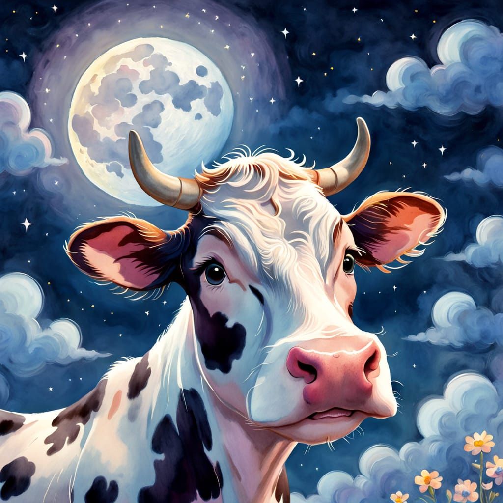 Whimsical Cow Under a Full Moon