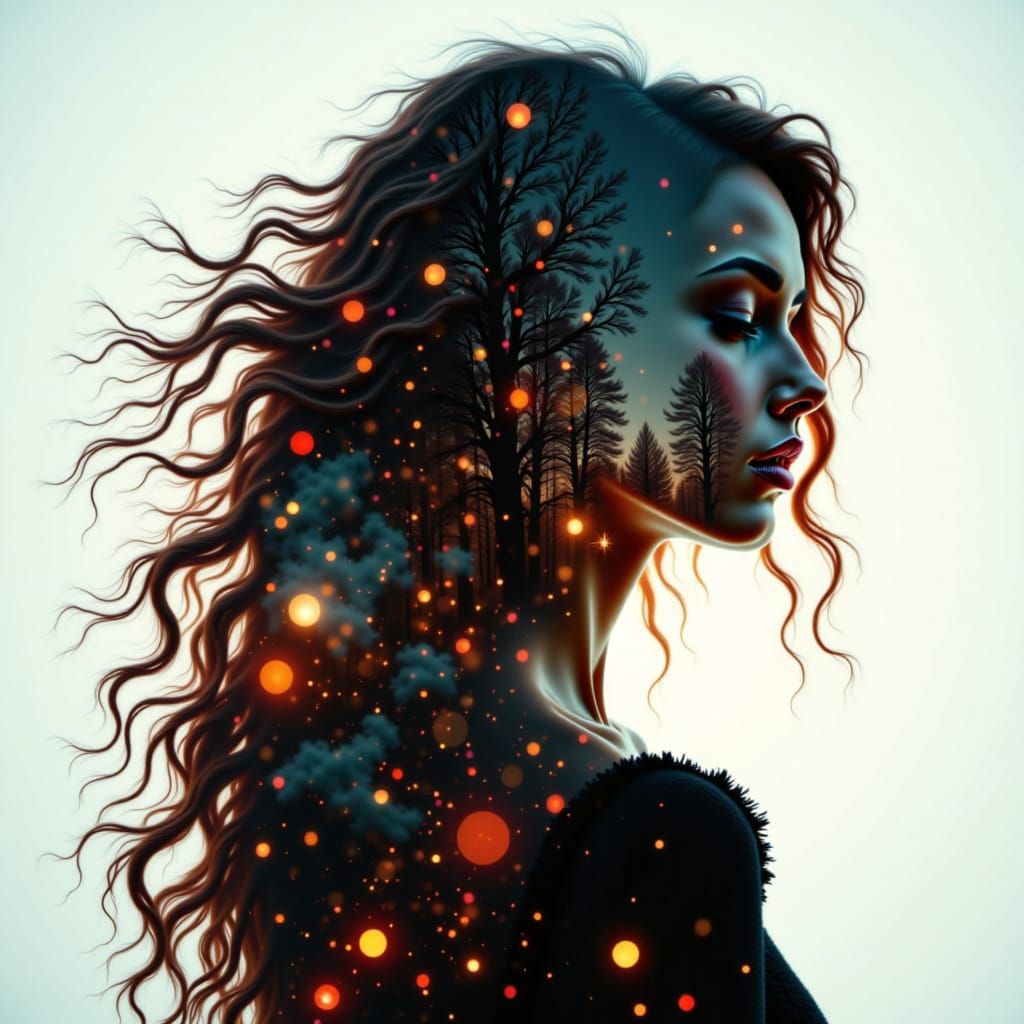 Surreal Double Exposure Woman with Big Hair