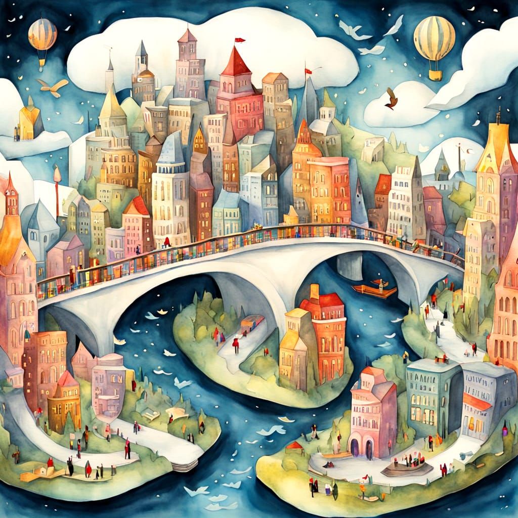 Whimsical City of Floating Books and Scroll Bridges