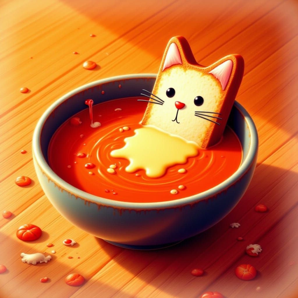 Creamy Tomato Soup with Cat Sandwich, Whimsical Illustration