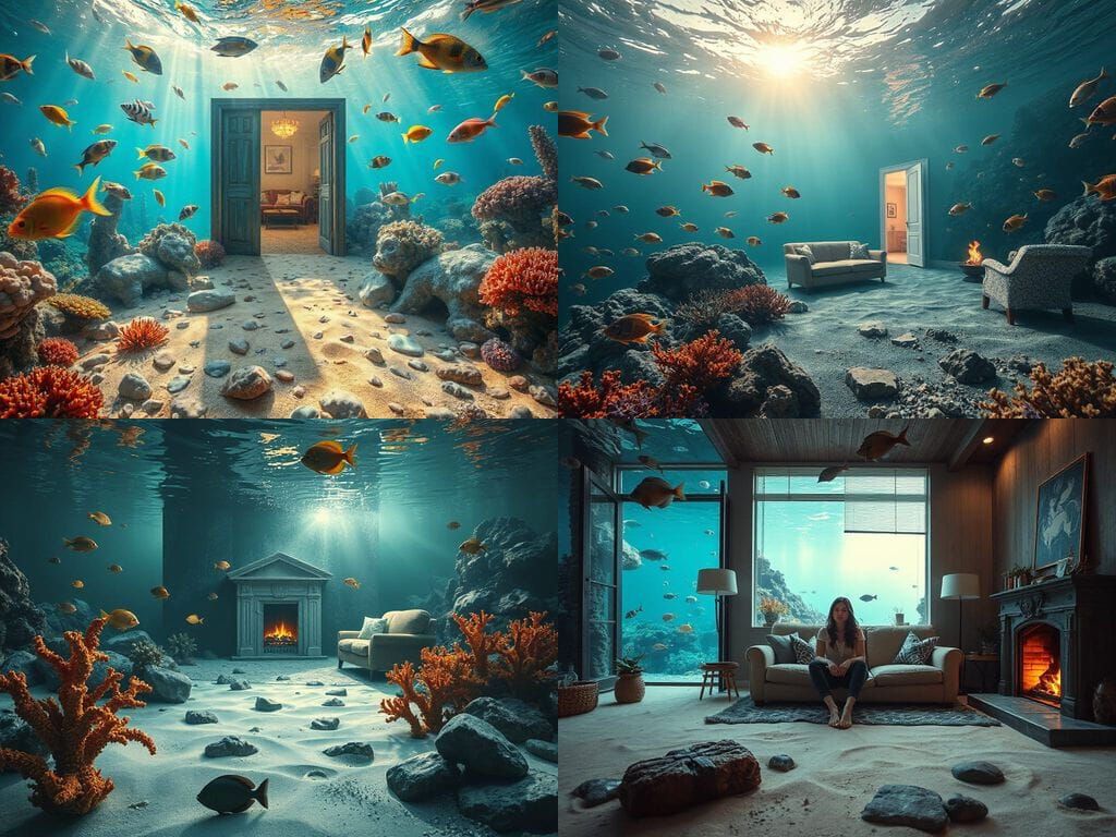 Surreal Underwater Scene with Door to Living Room