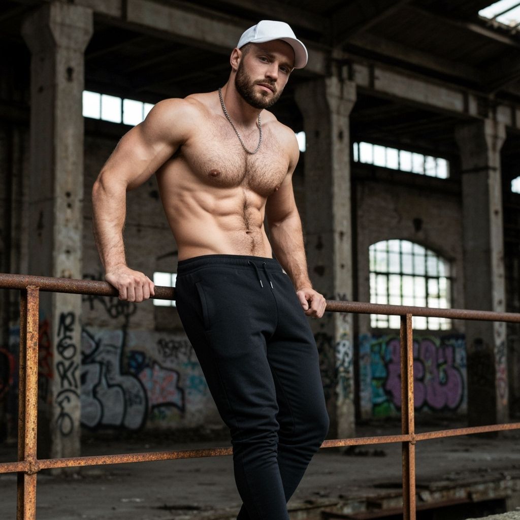 Vogue Fashion Portrait of Muscular Man in Old Factory