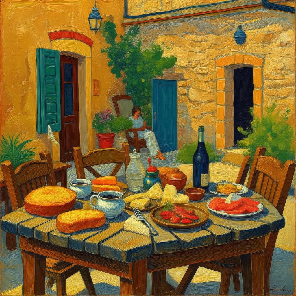 Impasto Oil Painting of Tuscan Breakfast in a Sunny Courtyar...