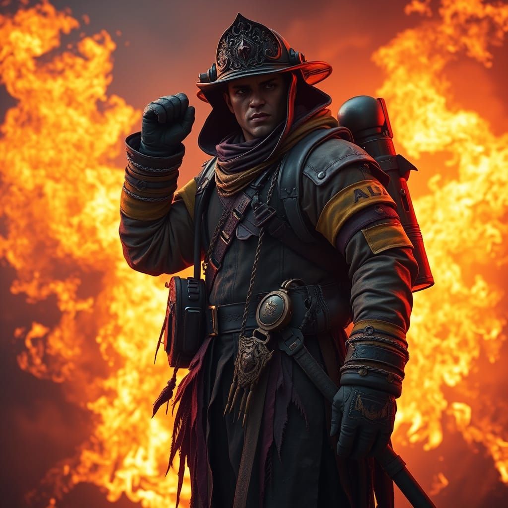 Heroic Dark Fantasy Firefighter in Art Nouveau Style