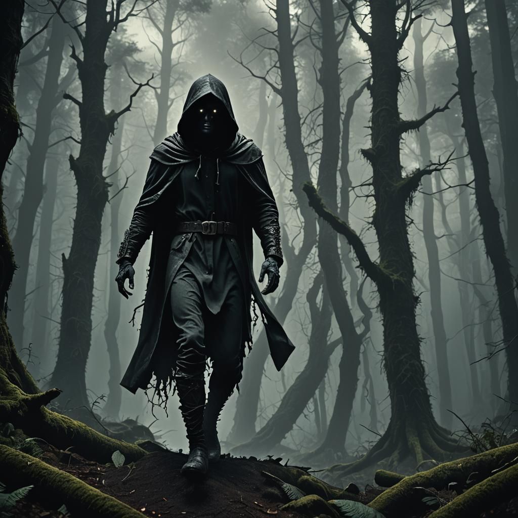 Mysterious Hooded Figure in Dark Fantasy Forest
