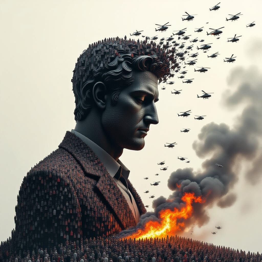 Somber Man Statue Made of Tiny Figures Dissolving into Chaos