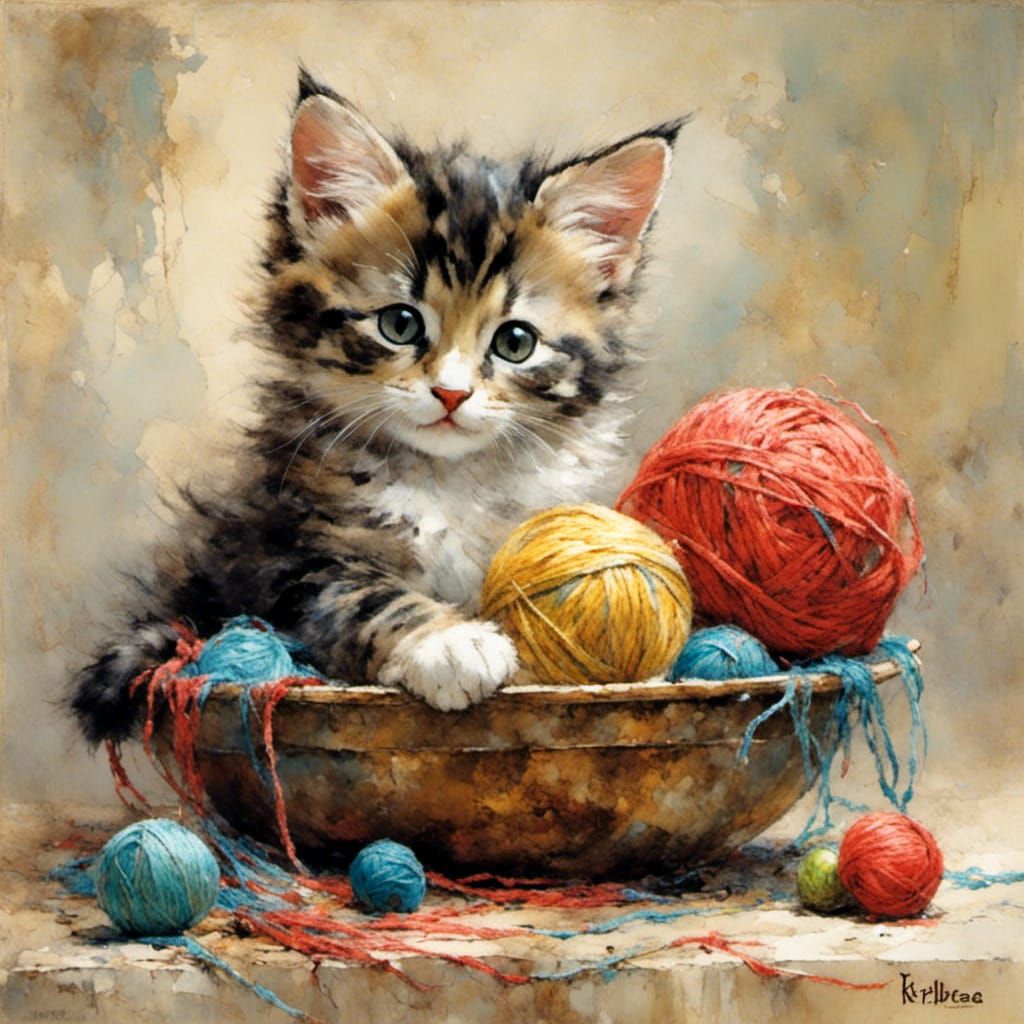 Cute Kitten Plays with Yarn Ball