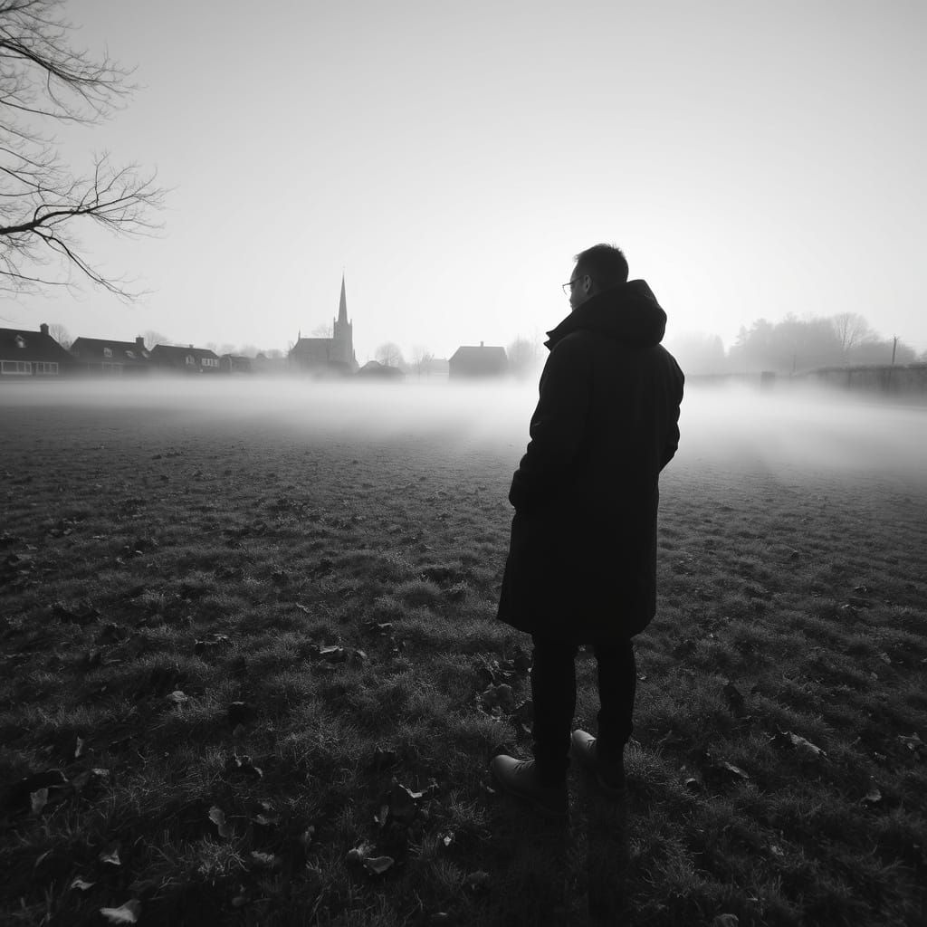 Solitary Figure in Dawn Mist, Photorealistic Portrait