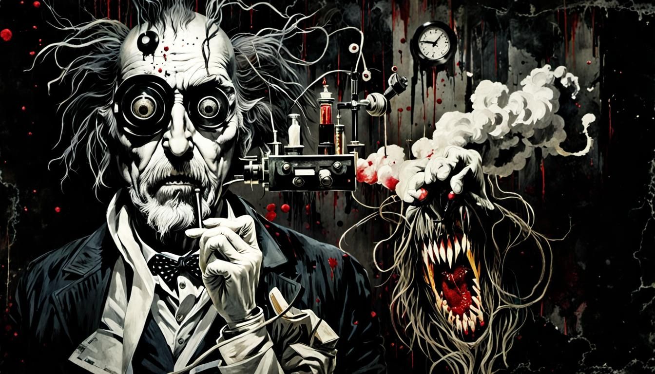 Mad Scientist Horror Collage in Dark Surrealism Style