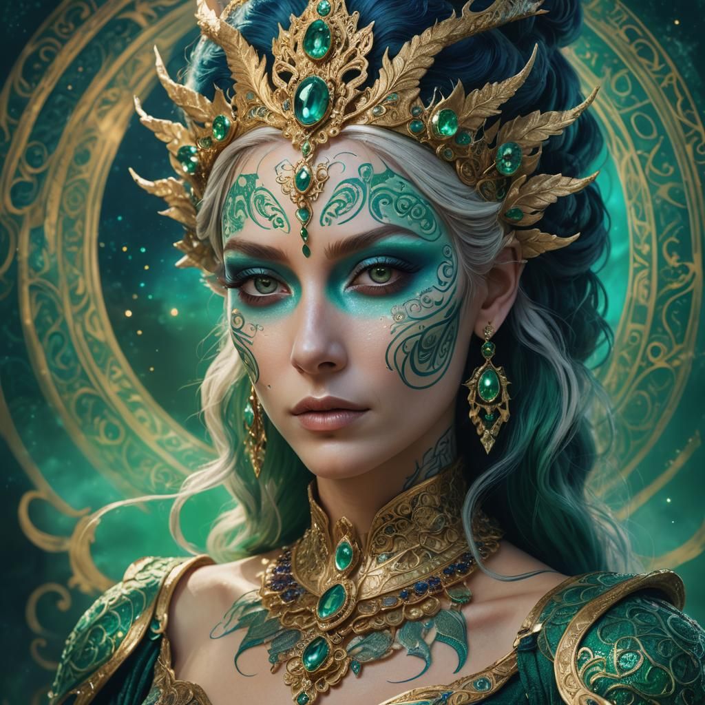 Regal Tattooed Queen in Emerald and Sapphire Light