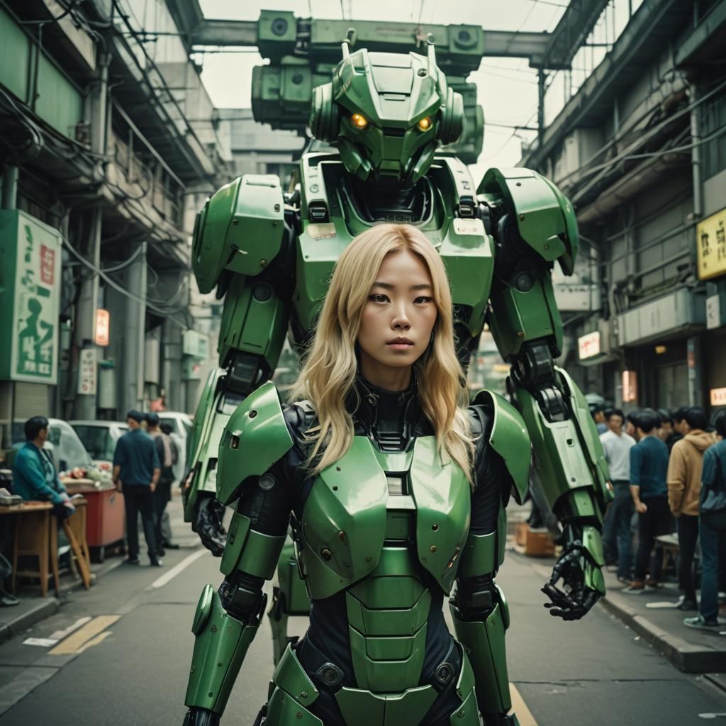 Cyberpunk Girl and Robot Guardian in Cinematic Style