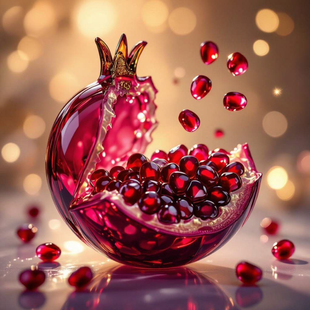 Glass Pomegranate Bursting with Glowing Seeds in Fuchsia