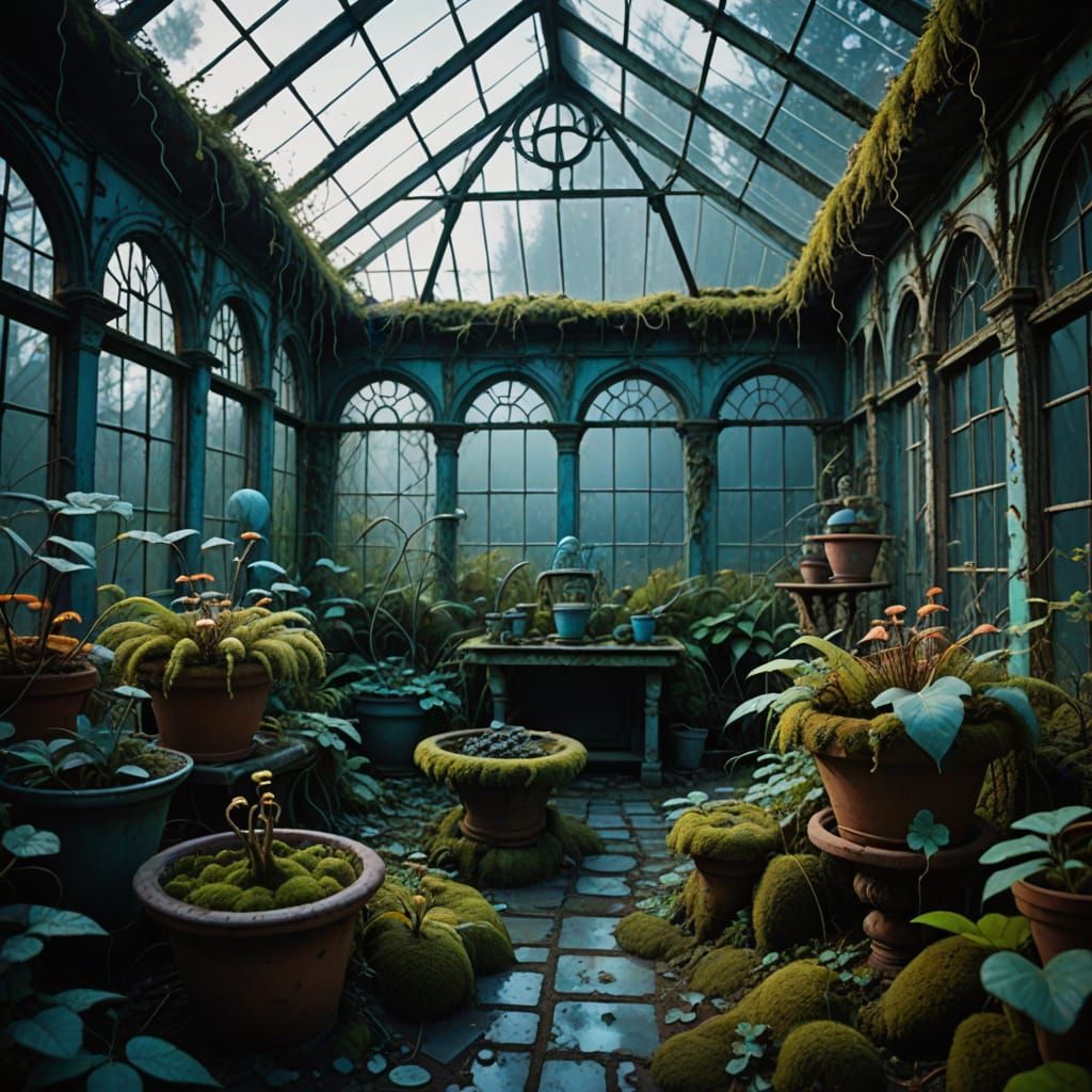 Mystical Abandoned Greenhouse with Glowing Leaves