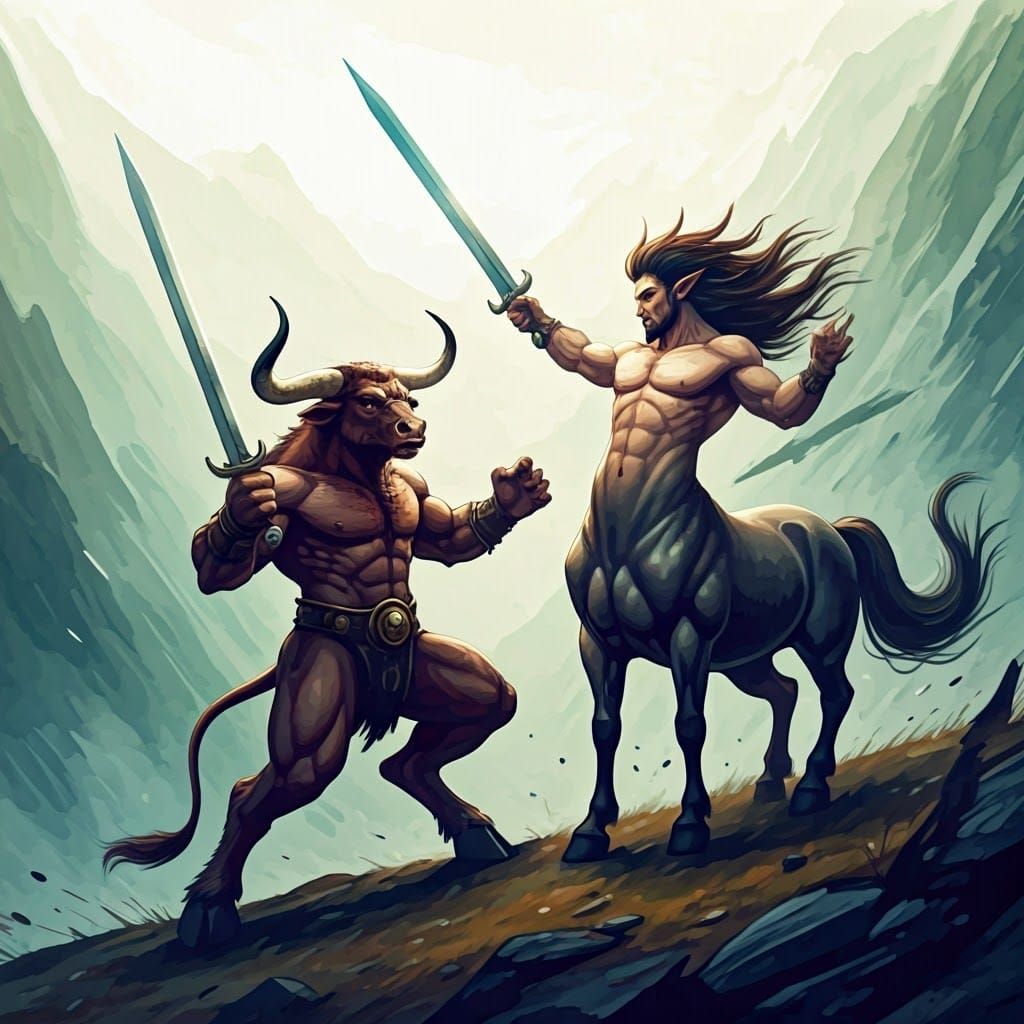 Minotaur and Centaur Duel in Misty Mountains