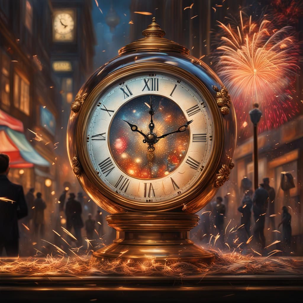 New Year's Eve Celebration with Fireworks and Clock