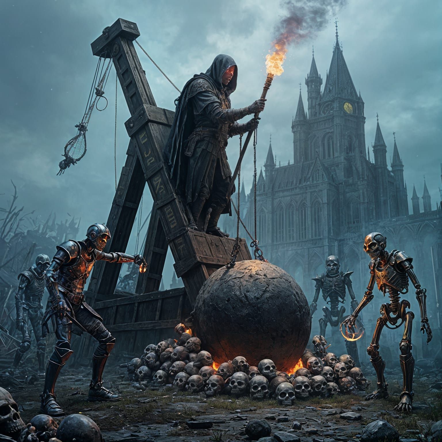 Epic Battlefield Scene with Skeletons and Trebuchet