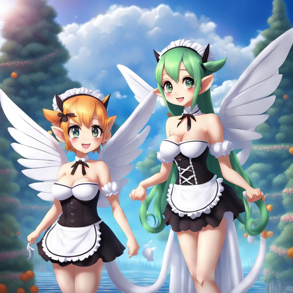 Cute Elf Maid Girls with Wings in Anime Style