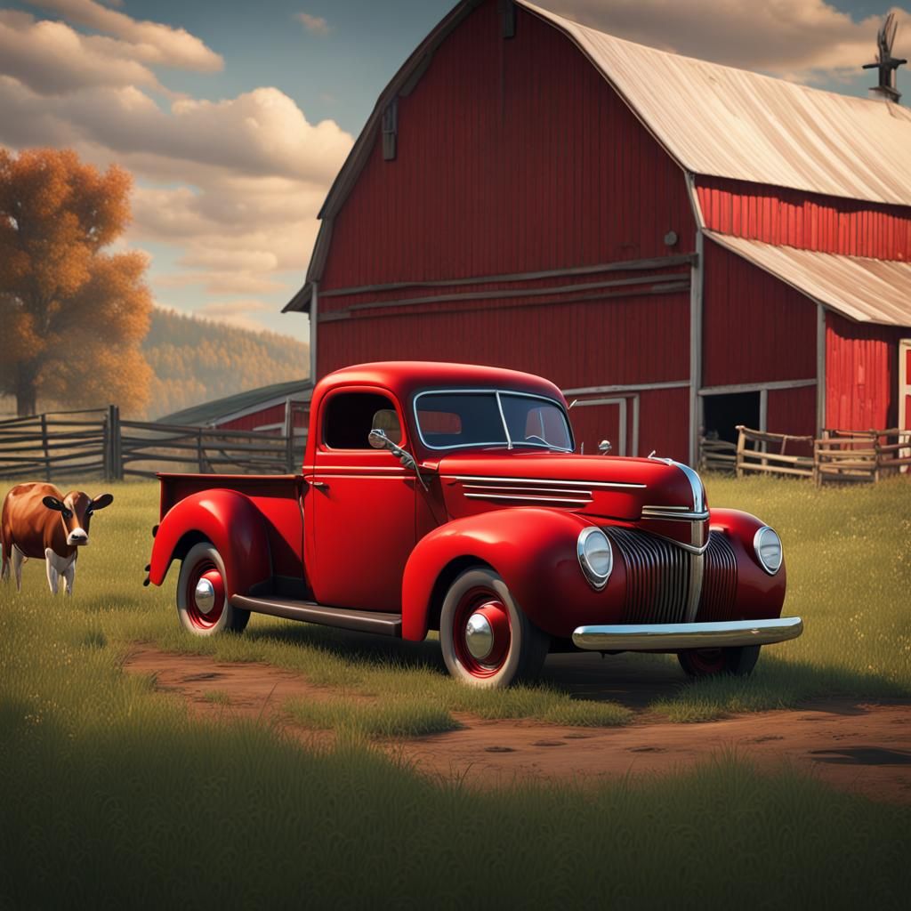 1940s Ford Truck and Red Barn, Matte Painting