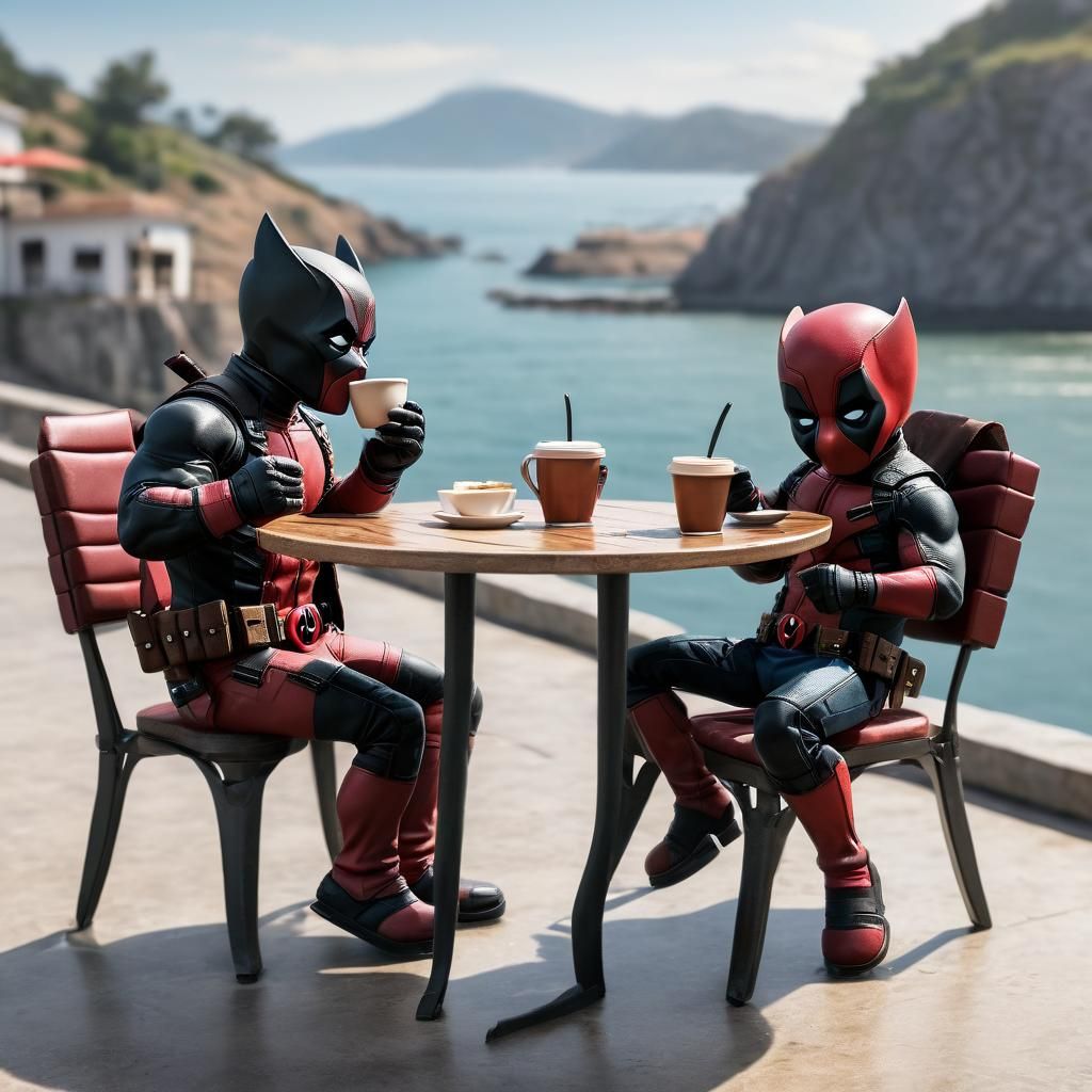 Deadpool and Wolverine as Babies at Ocean Cafe