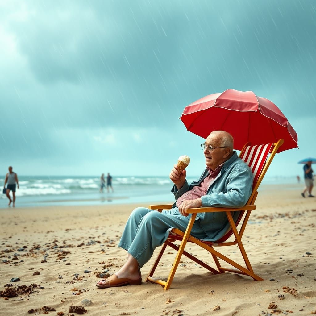 Elderly Man Eats Ice Cream in Blackpool Rainstorm
