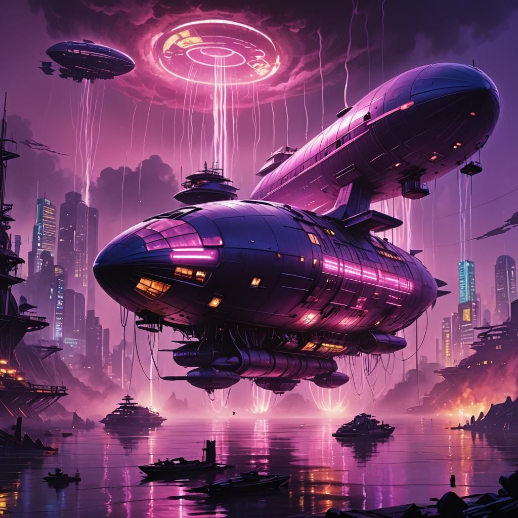 Cyberpunk Airships on Misty Lake in 80s Neon Style