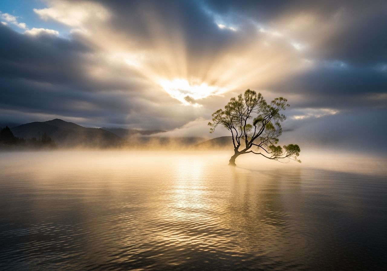 Lone Tree at Dawn in Lake Wanaka Fog