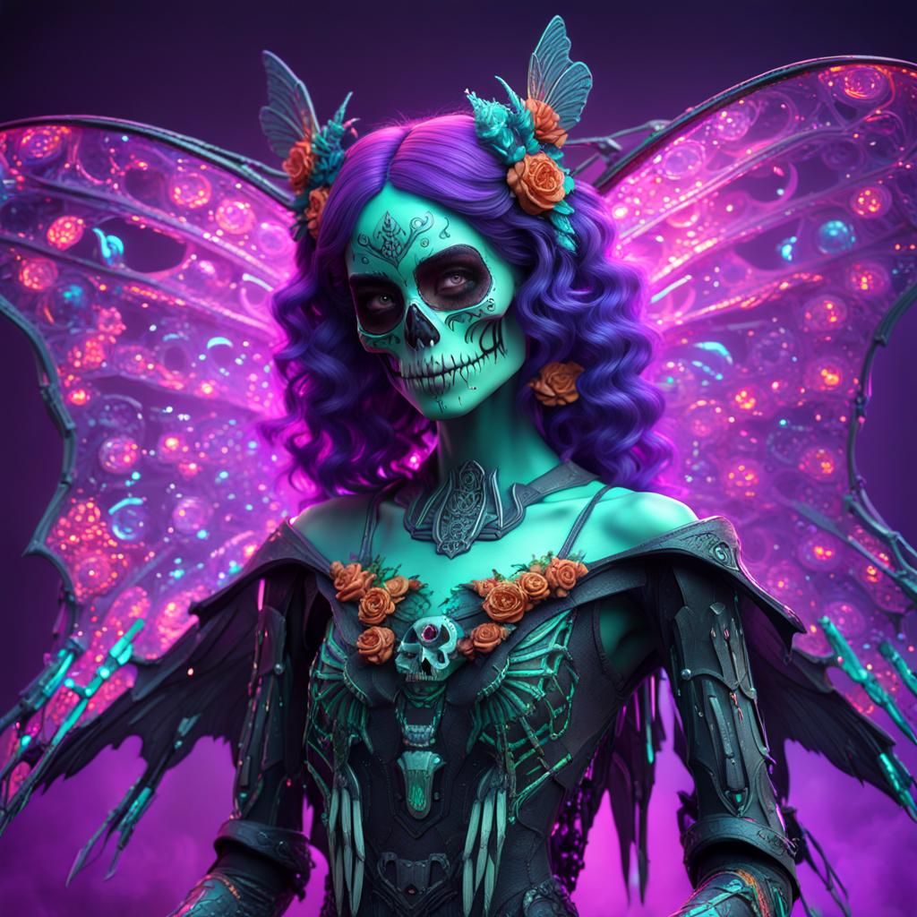 Catrina Fairy Skull with Bat Wings in Neon