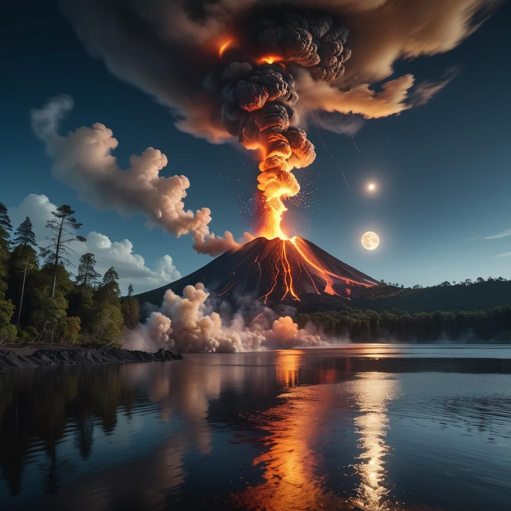Volcanic Eruption Under Moonlight: Dramatic Landscape Photog...