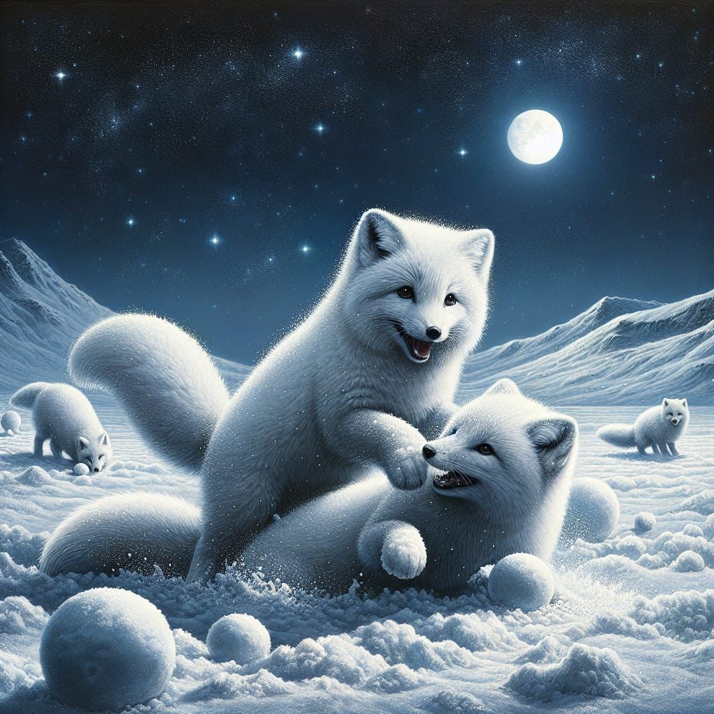 Two Adorable Arctic Foxes Play in Winter Wonderland