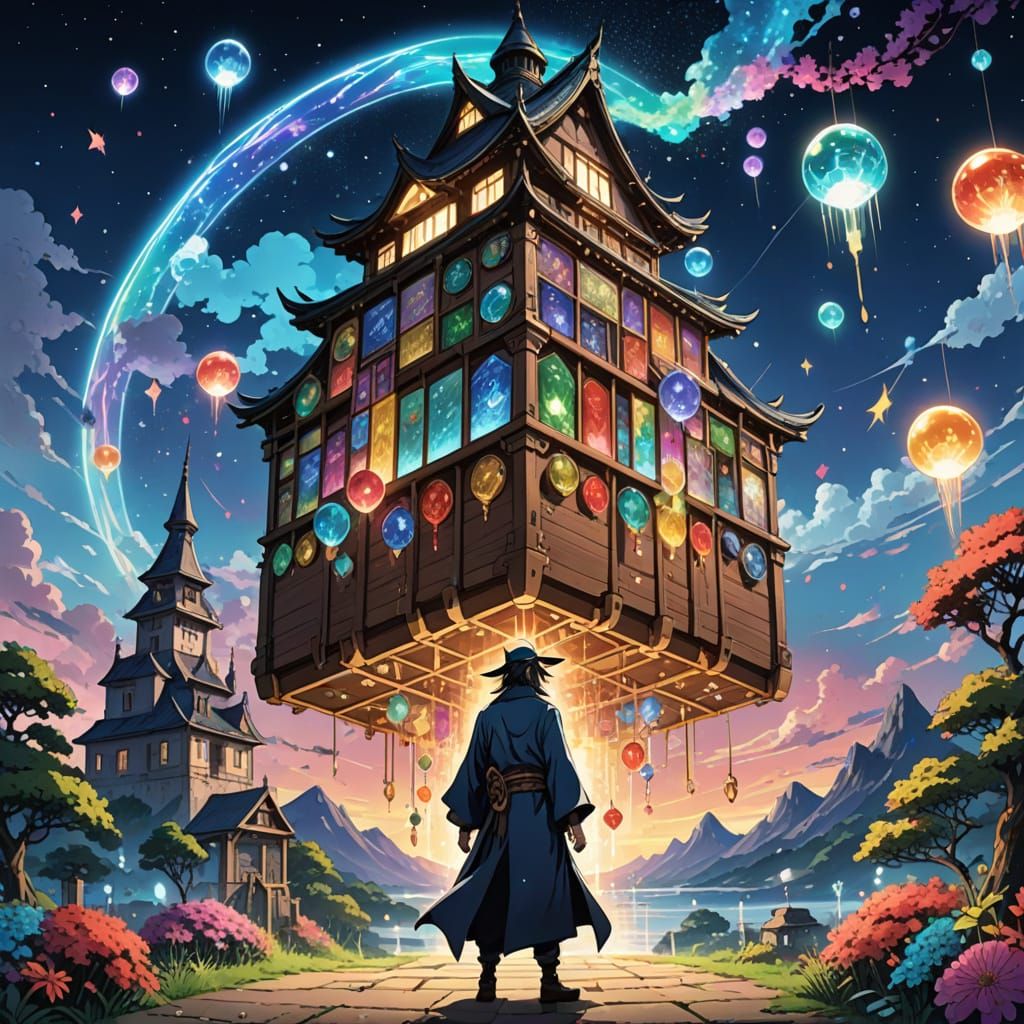 Whimsical Anime Fantasy: Wizard Tower, Star Map, and Magical...