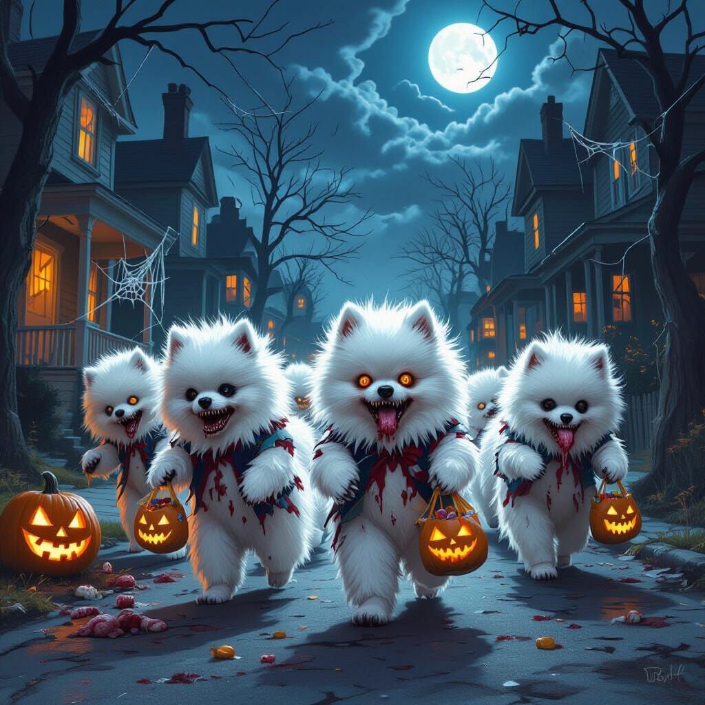 Halloween Pomeranian Zombies Trick-or-Treating in Spooky Tow...