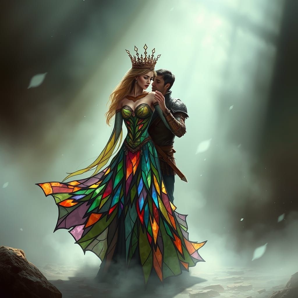 Goddess in Stained Glass Gown Dances with Warrior in Etherea...