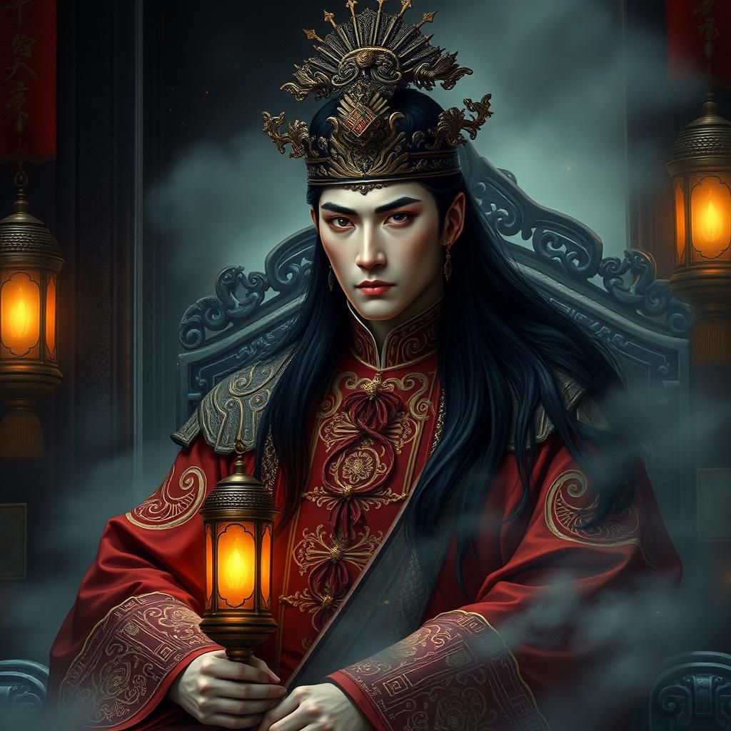 young  Evil magical Vietnamese emperor with long black hair