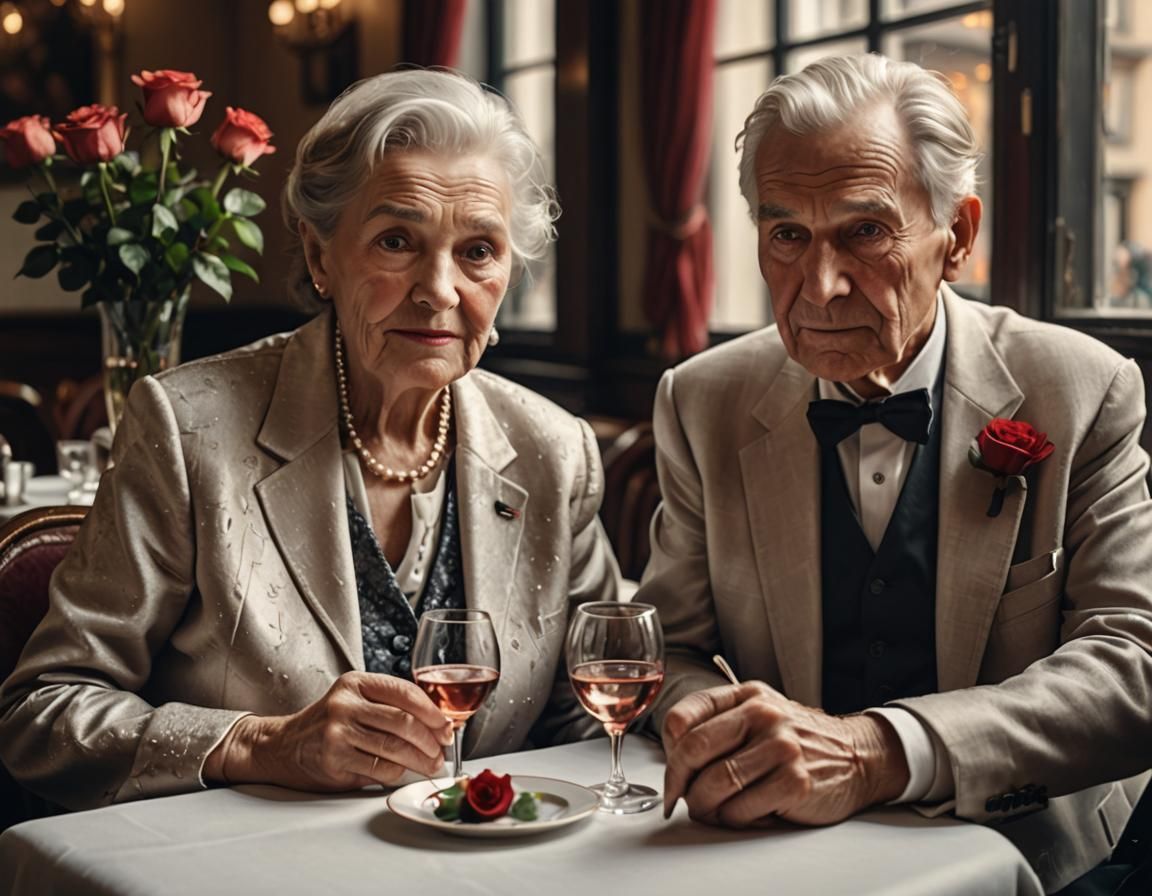 Elderly Couple's Romantic Restaurant Date in Photo Realism