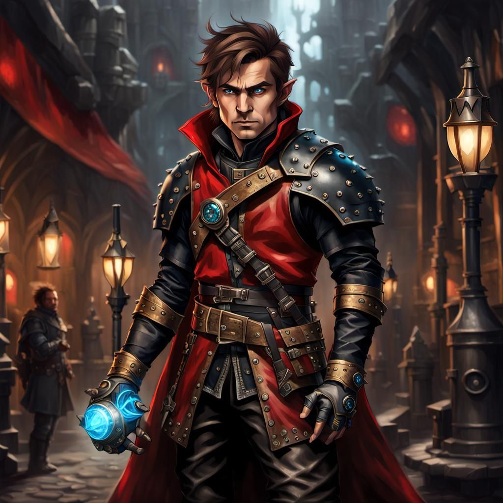 Steampunk Halfling Rogue Artificer with Mechanical Arm