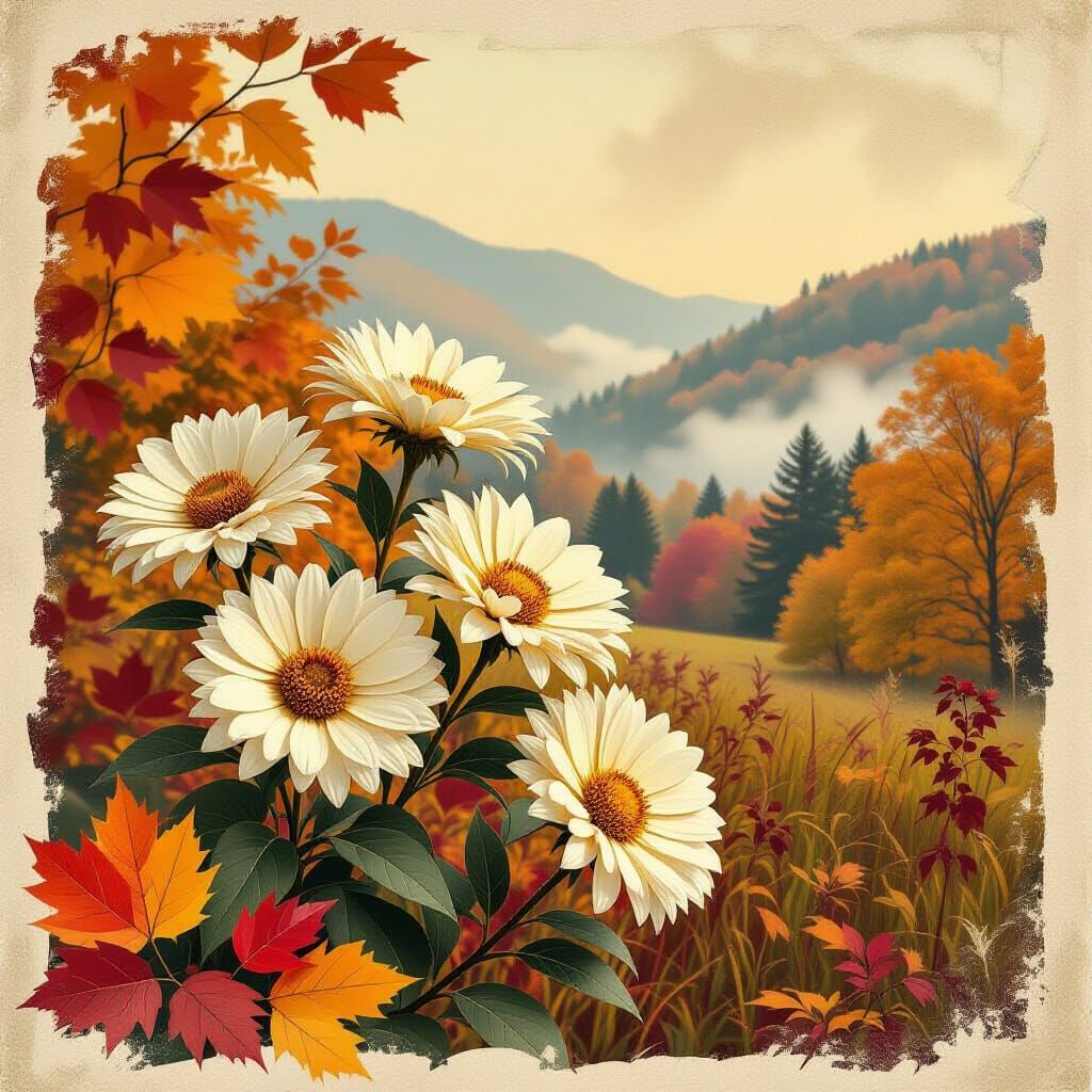 Autumn Aster Collage in Vintage Botanical Style