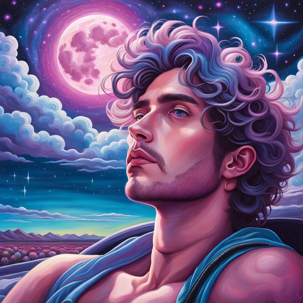 Cosmic Dream: Man Under the Moon in Surreal Art