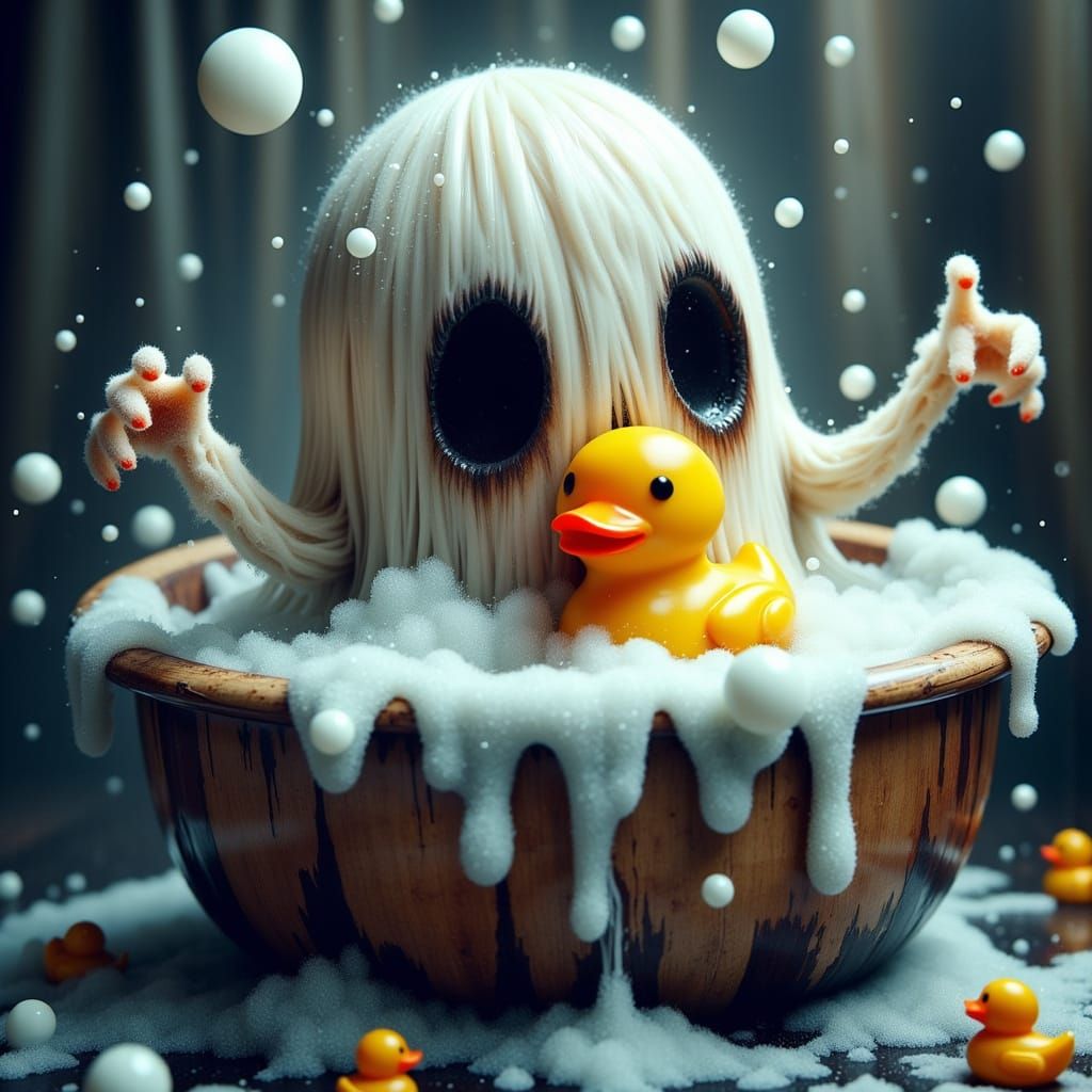 Whimsical Ghost Bathes with Bright Yellow Rubber Ducky