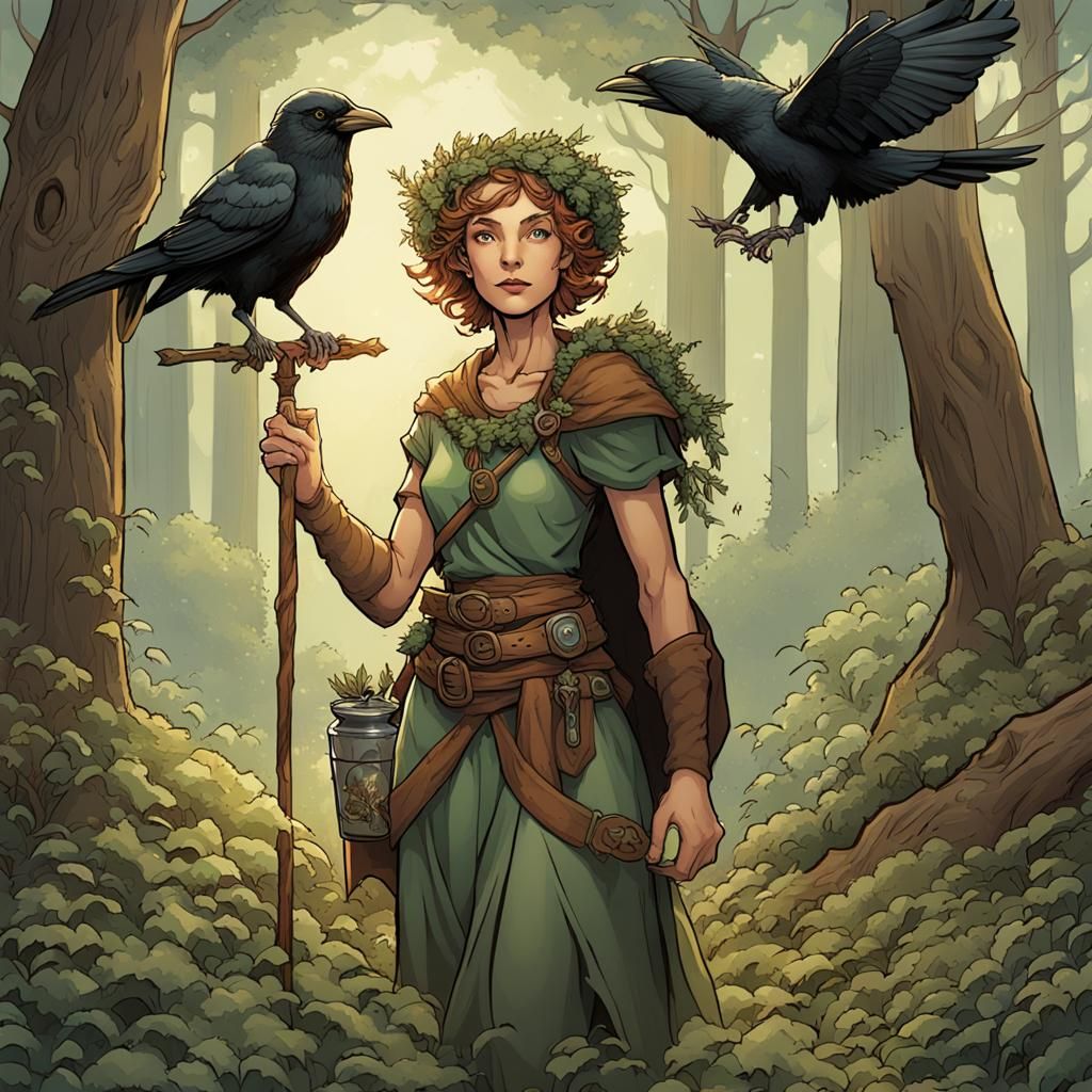 female wood elf Druid, short light brown curly hair. she has a wreath of herbs on her head. holding a magic plant staff ...