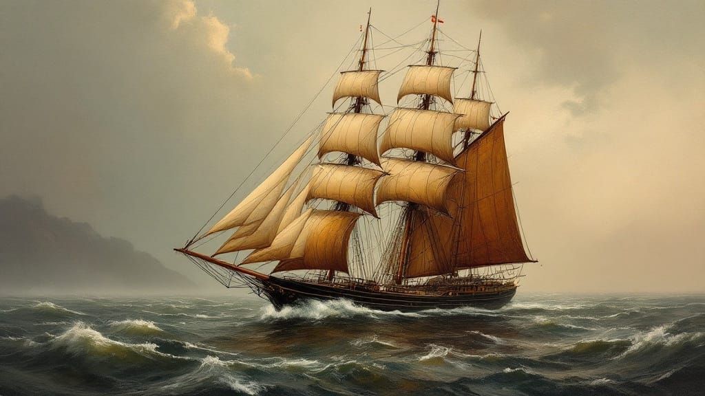 Elegant Sailing Ship in Soft Focus Oil Painting