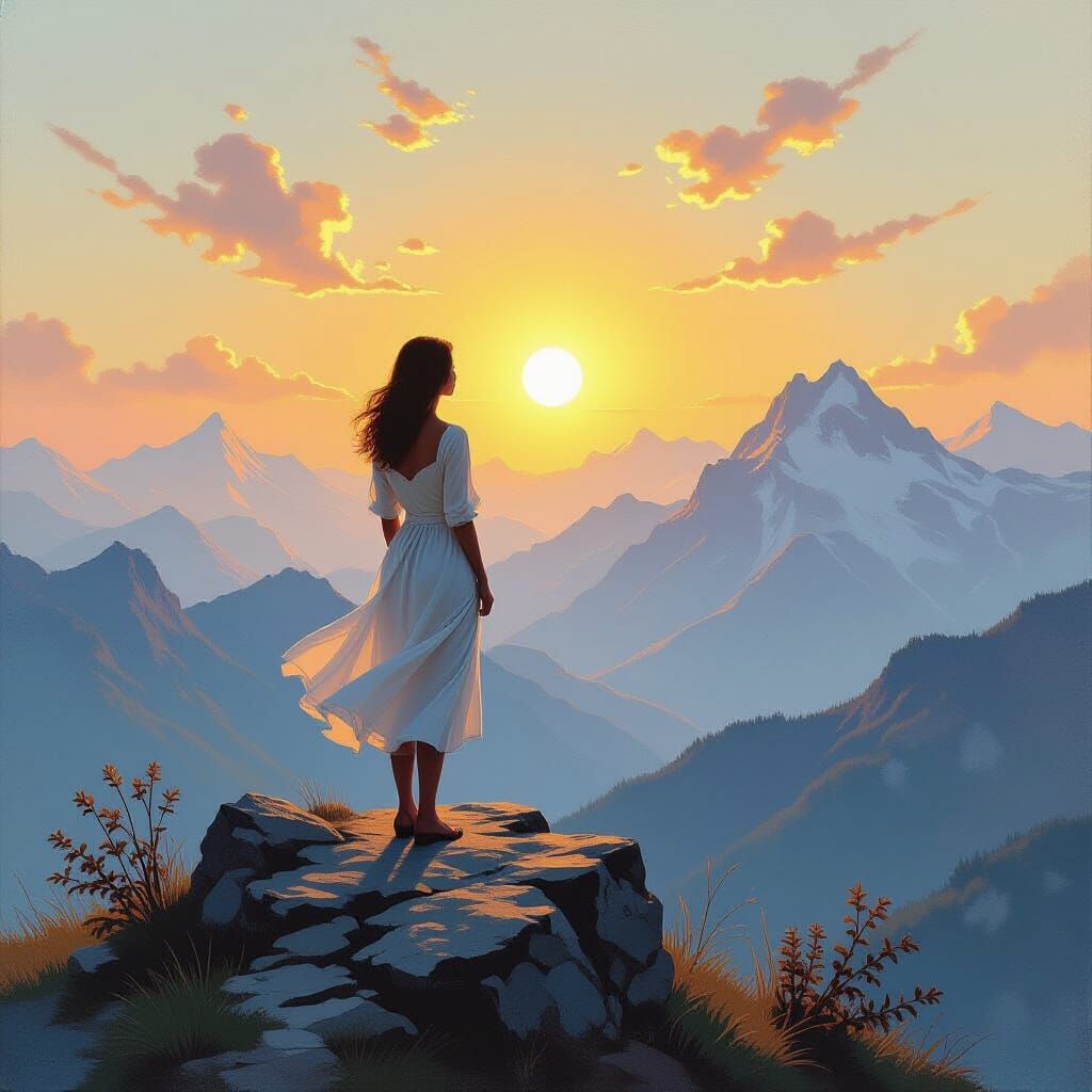 Impressionist Woman Gazing at Sun in Gouache Style