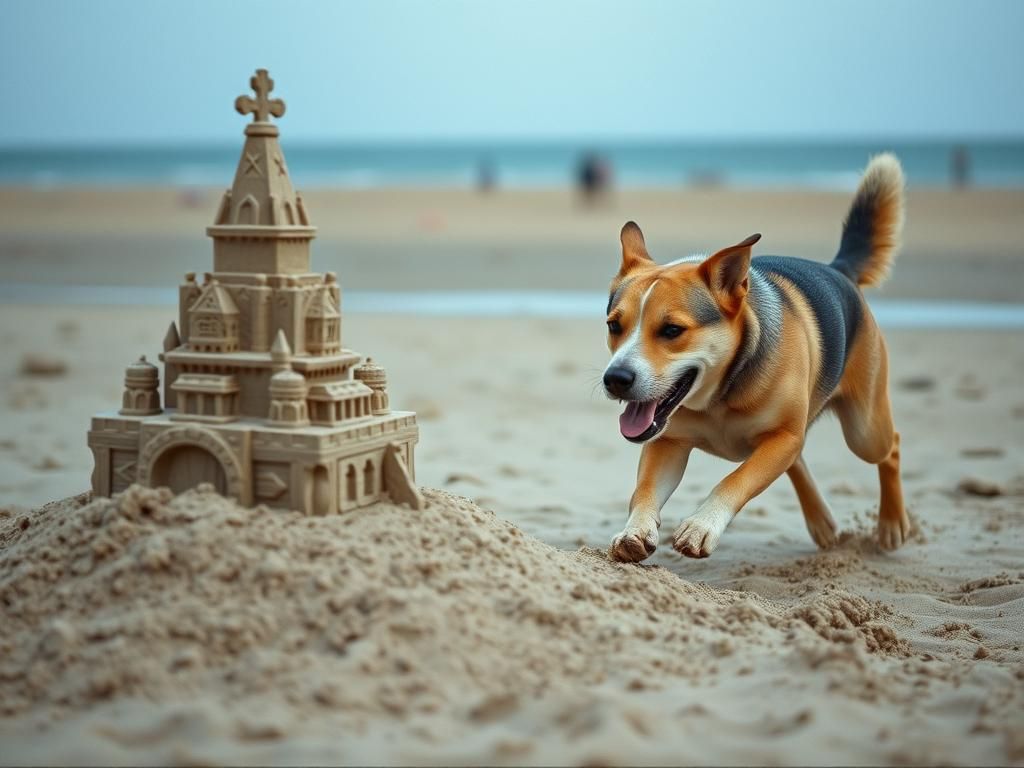 Dog Running Towards Detailed Sandcastle on Beach