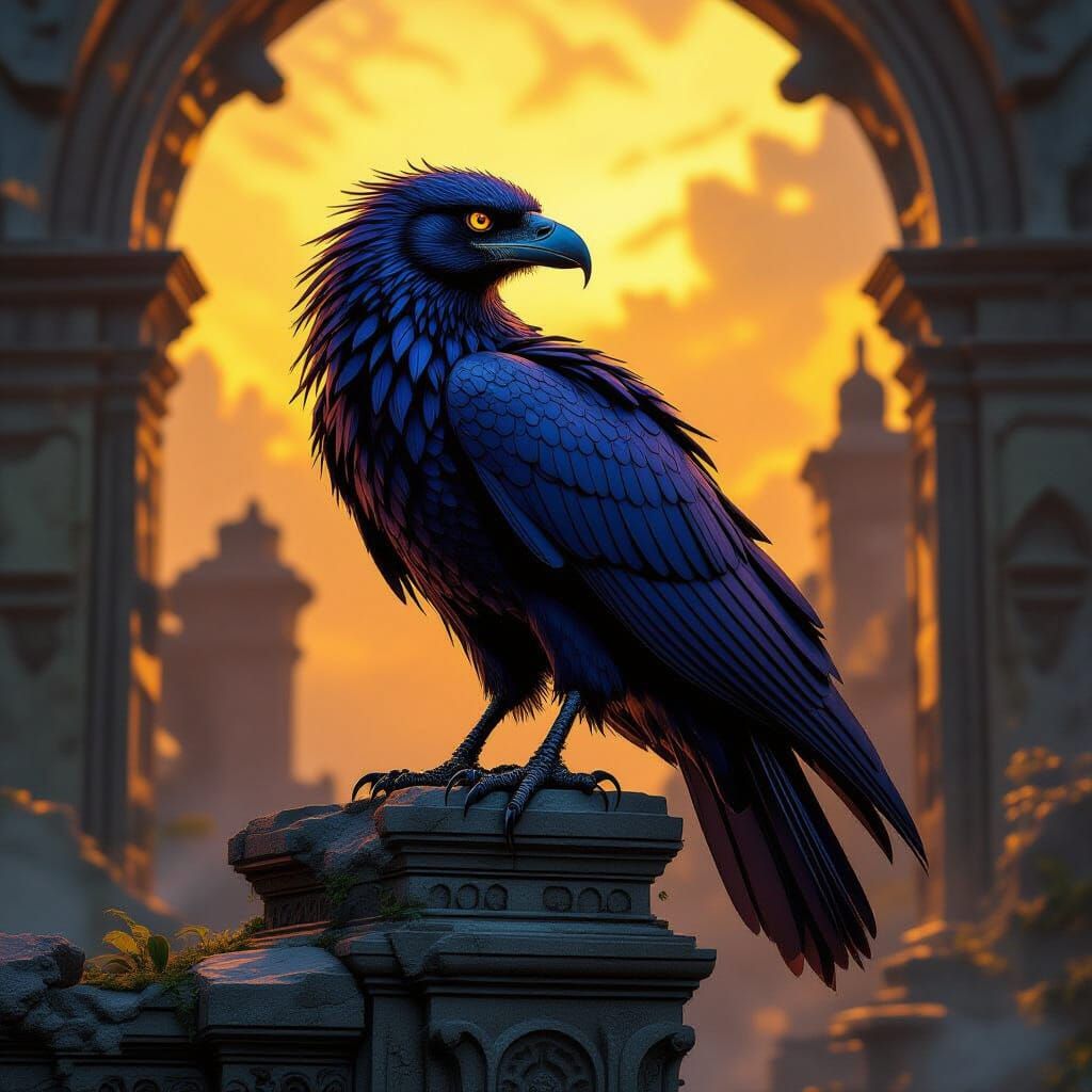Metal Carrion Bird Perched on Ancient Ruin