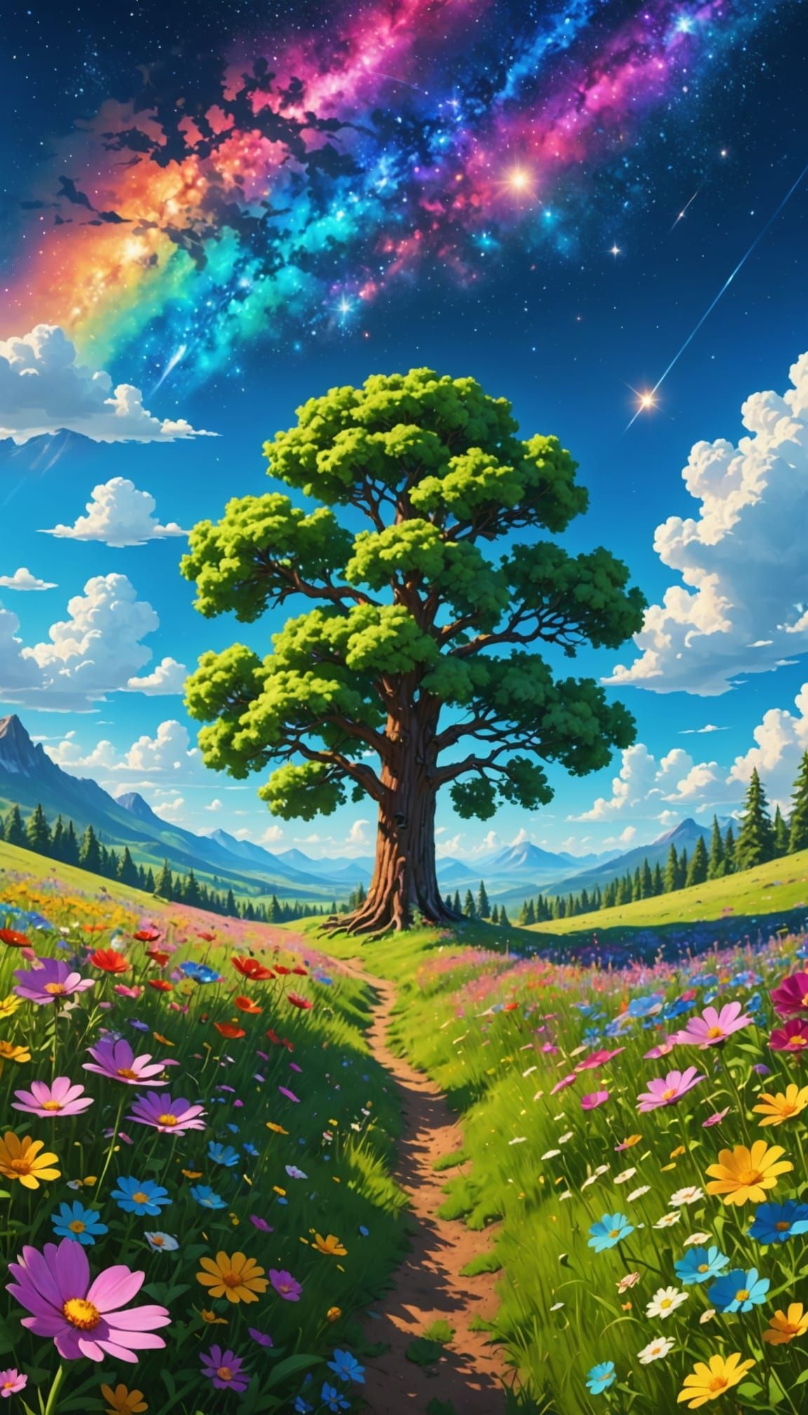 Whimsical Meadow Landscape in Vibrant Anime Style