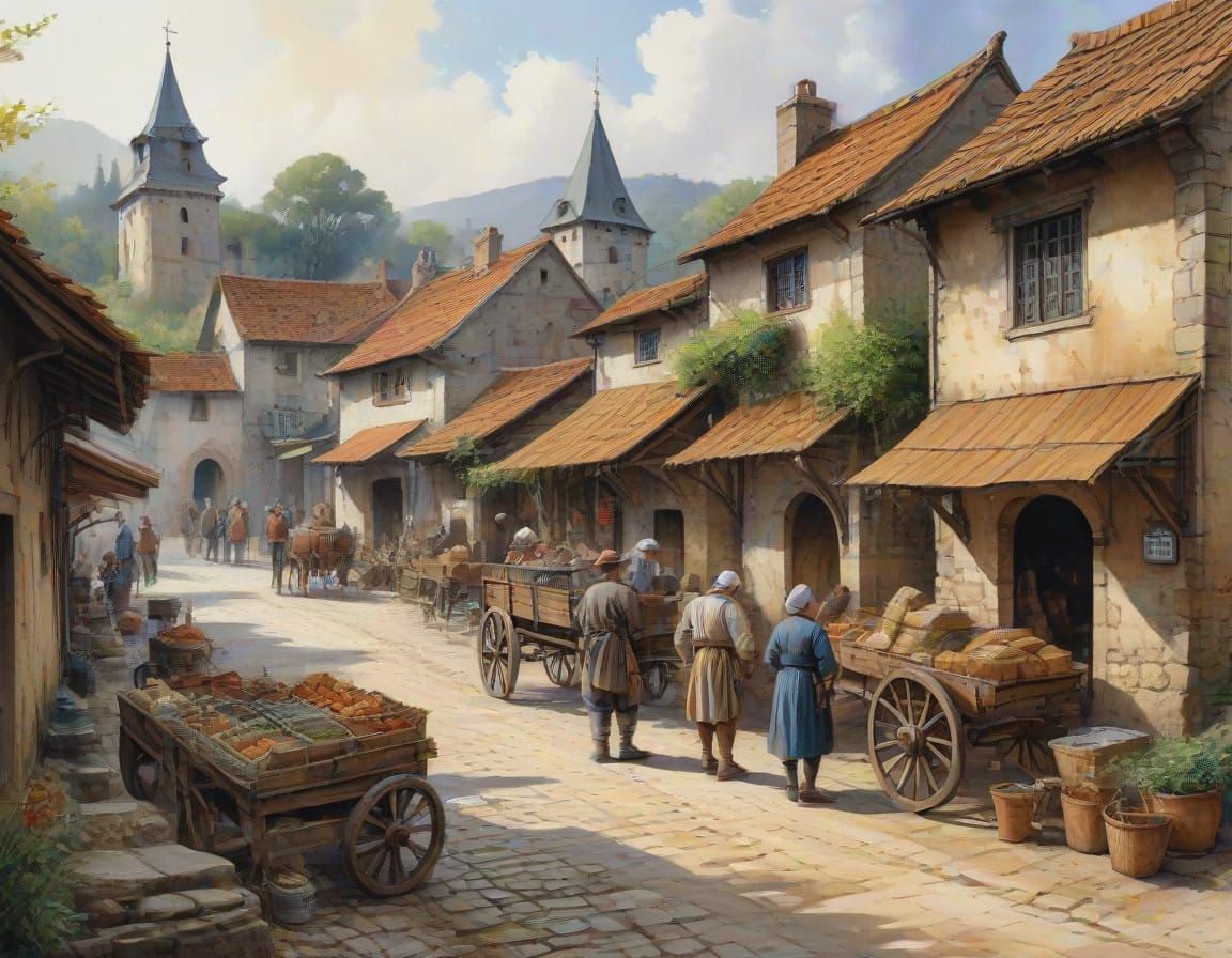 Medieval Village Market Scene in Traditional Ink Watercolor...