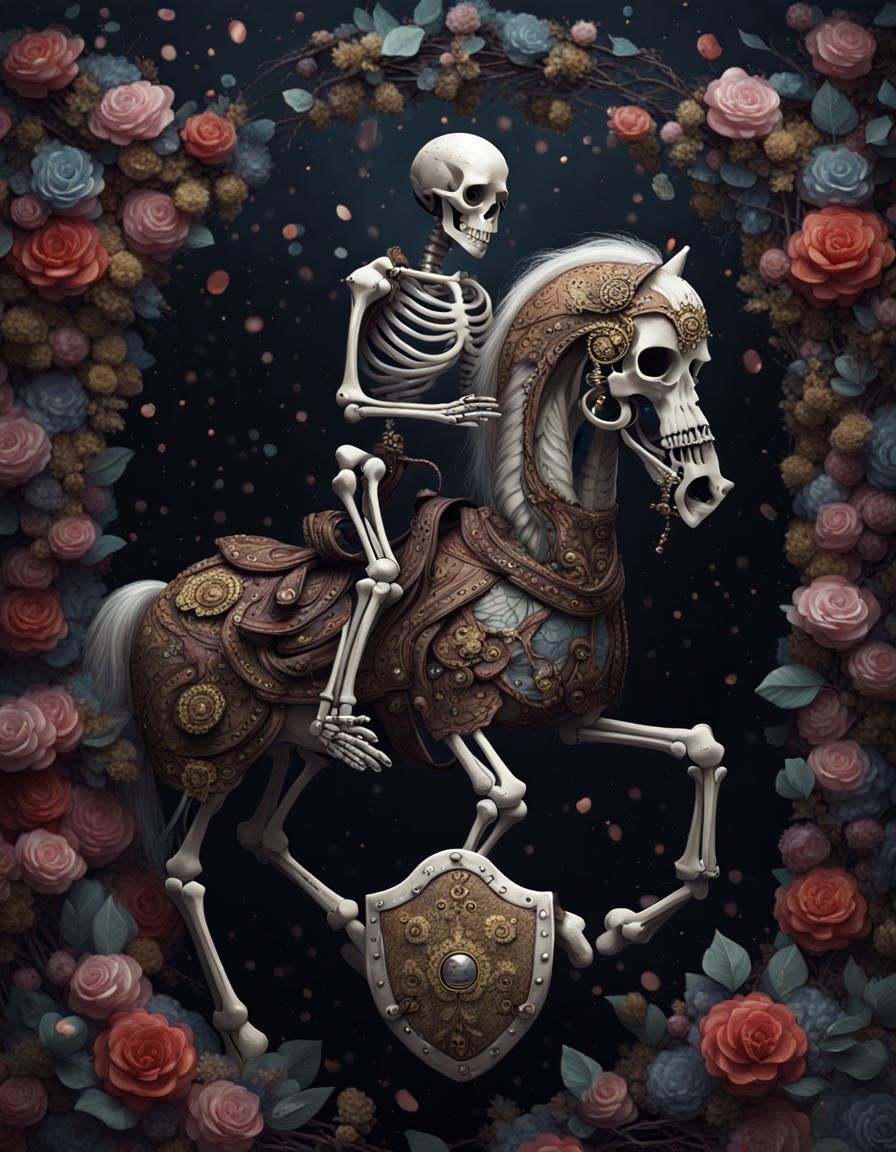 Skeleton Knight on Dark Horse in Fantasy Style