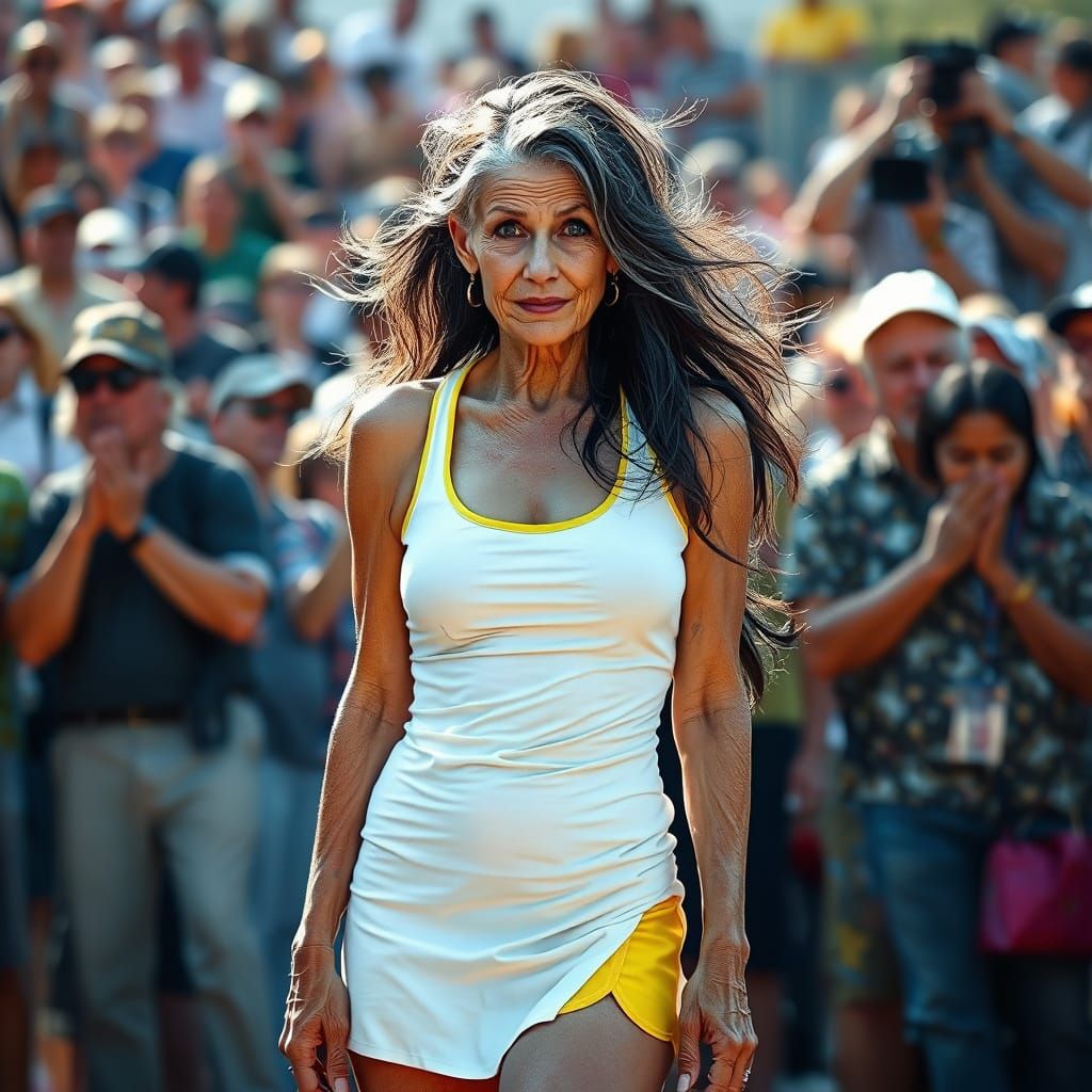 Elderly Person in Tennis Dress Amidst Admirers