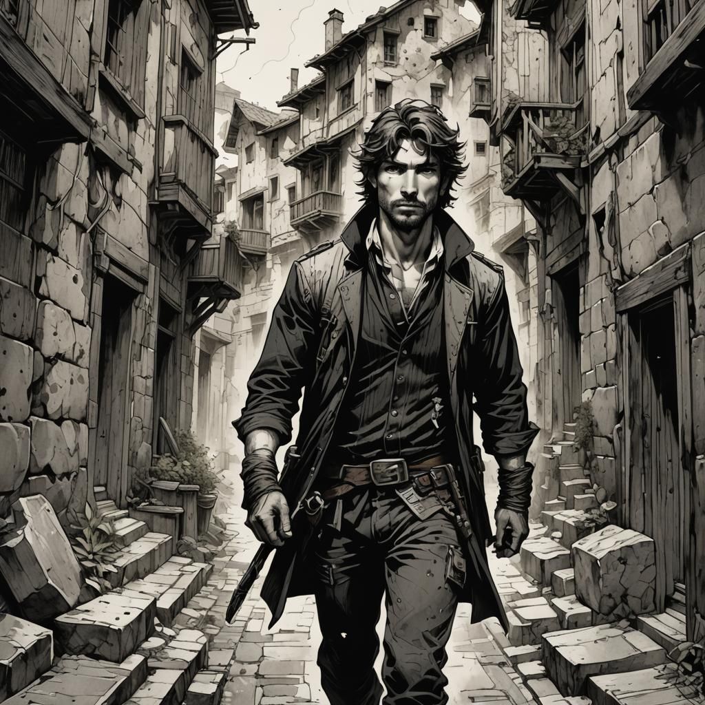 Handsome Rogue in Alley, Ink Splatter Art Nouveau