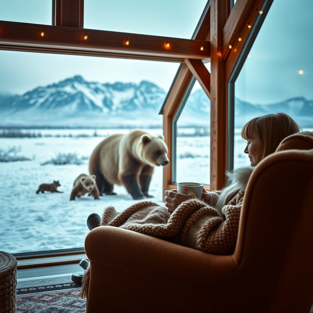 Cozy Winter Scene with Snowy Landscape and Majestic Mountain...